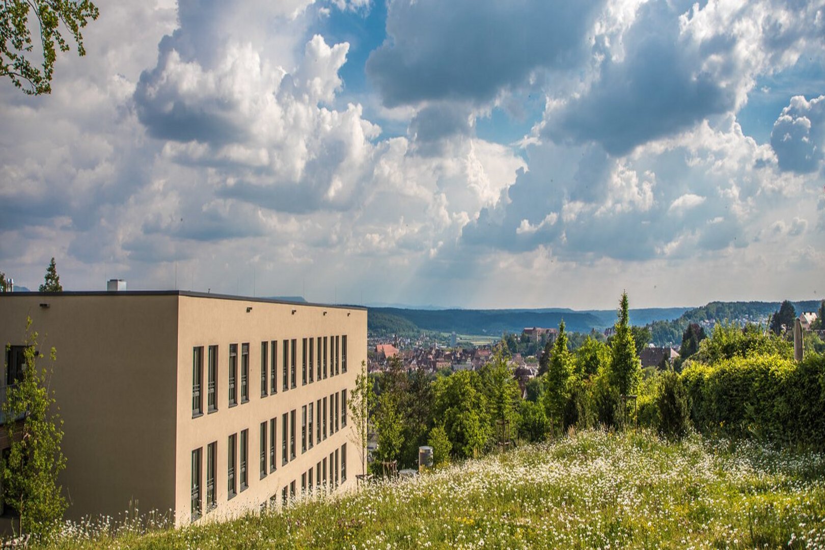 Außenansicht des Klinikgebäudes, im Hintergrund sieht man die Stadt Tübingen.